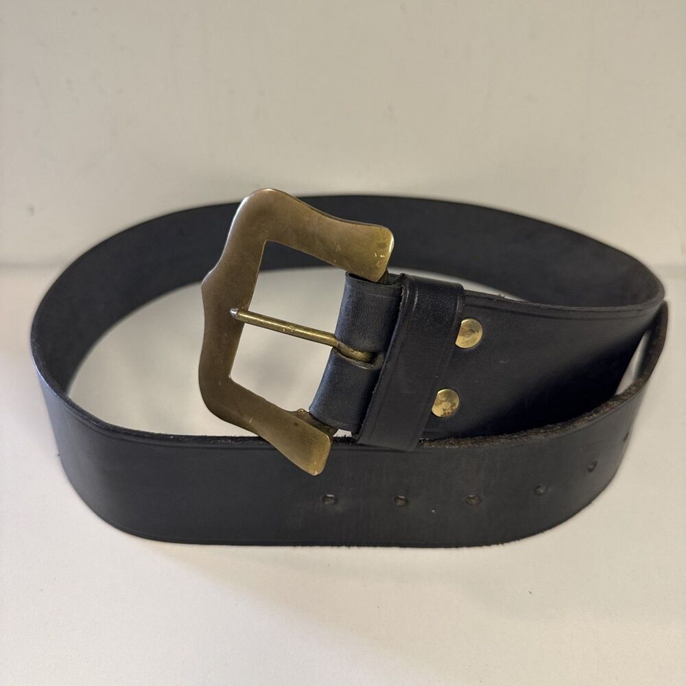 VTG Harness Hide Black Leather Belt w/ solid brass buckle 35-40" Made Scotland
